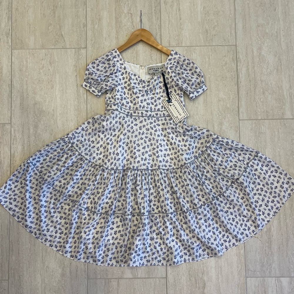 NWT JessaKae Darla White and Blue Pleated Girls Sundress with Puff Sleeves